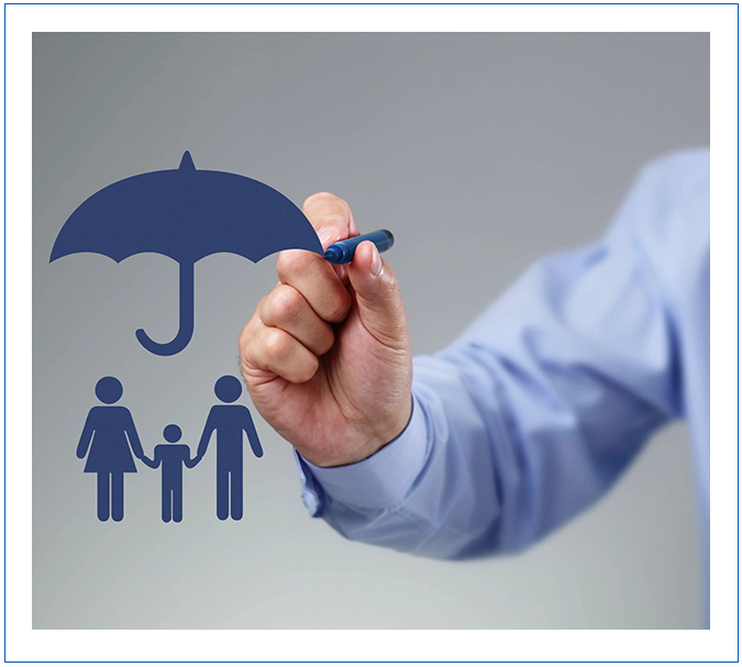 A person drawing an umbrella over their family.